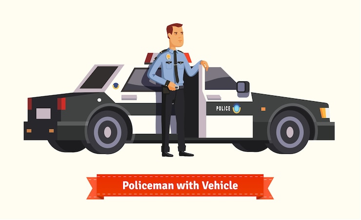 Vector gratuito policía de pie en de su coche
