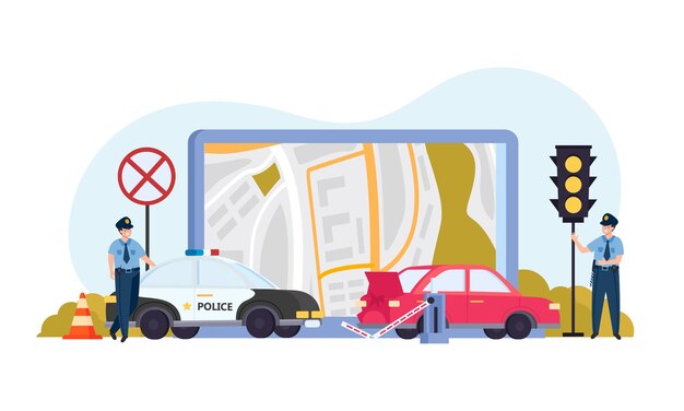 La policía de tráfico coloreó el coche de policía de composición plana al lado del coche de pasajeros y los atributos de tráfico mapas y señales ilustración vectorial