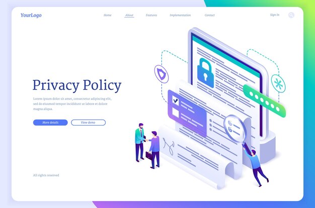Política de privacidad página de destino isométrica, protección de datos, seguridad digital, seguridad en línea de información confidencial personal. Apretón de manos de personas de negocios en la pantalla del dispositivo con banner web de vector 3d de documento