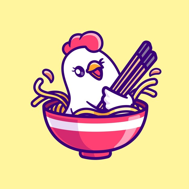 Pollo lindo en fideos Ramen Vector de dibujos animados Icon Ilustración de alimentos para animales Vector plano aislado