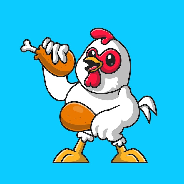 Pollo lindo que sostiene el ejemplo del icono del vector de la historieta del pollo frito. concepto de icono de comida animal aislado vector premium. estilo de dibujos animados plana vector gratuito