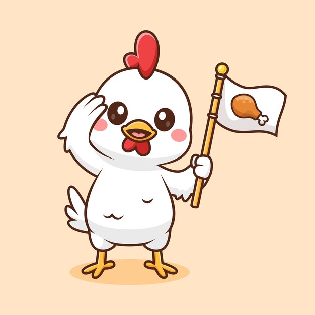 Pollo lindo sosteniendo bandera y postura de respeto icono vectorial de dibujos animados Ilustración de alimentos para animales aislados