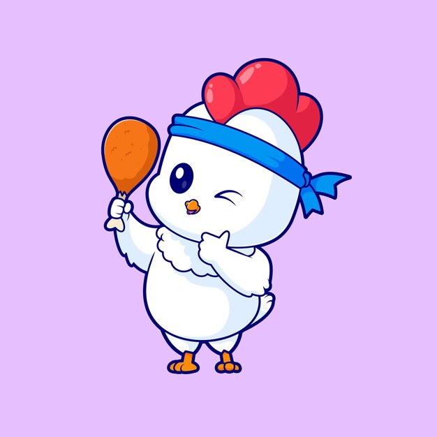 Pollo lindo sosteniendo pollo frito icono vectorial de dibujos animados comida animal aislada plana