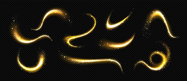 Polvo mágico de brillo dorado con efecto de rastro vectorial de brillo de estrella Luz de brillo de hada dorada y textura de remolino abstracto de polvo de estrellas Cola amarilla de lujo brillante con spray de partículas brillantes Cometa cayendo giro