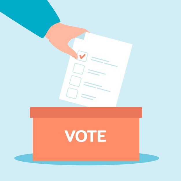 Poner la papeleta a mano en la ilustración vectorial plana de la caja. Votante masculino o femenino con papeleta de votación de su elección. Elección, decisión, democracia, campaña, concepto de gobierno.