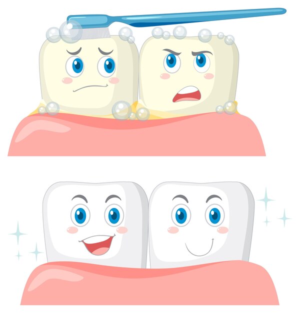 Ponga un diente feliz cepillándose con una pasta de dientes en el respaldo blanco