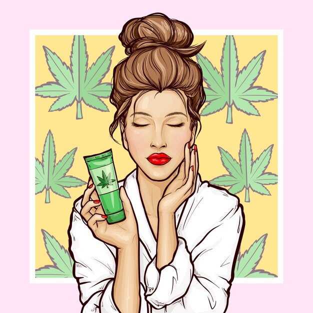 Pop art girl con tubo cosmético de cannabis