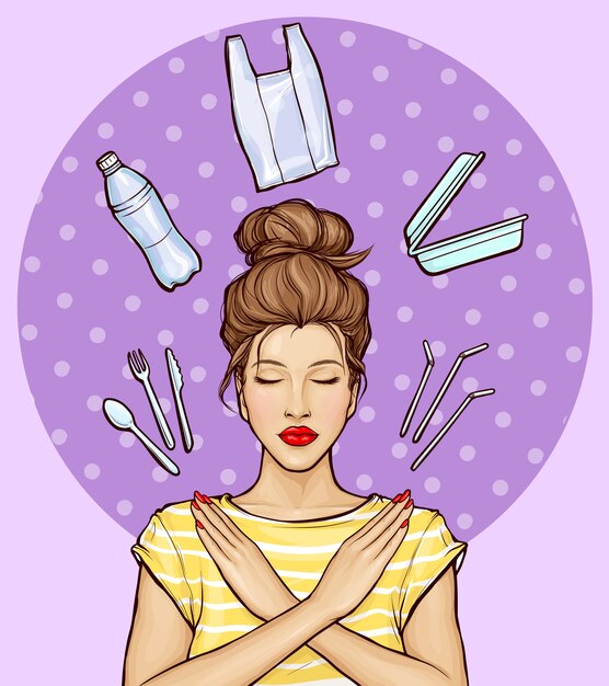 Pop art mujer rechazar de artículos de plástico