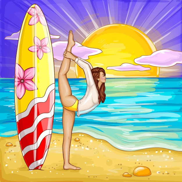 Pop art surfing girl haciendo yoga en la playa de arena.