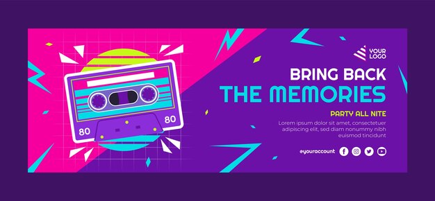 Portada de facebook de celebración de fiesta de los 80 de diseño plano