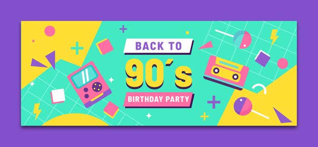Portada de facebook colorida de la fiesta de los 90 de diseño plano