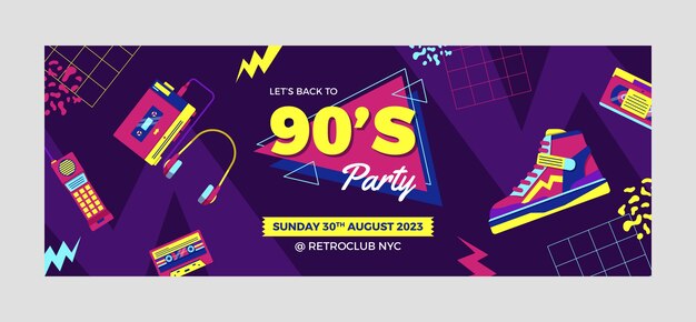 Portada de facebook colorida de la fiesta de los 90 de diseño plano