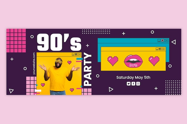 Vector gratuito portada de facebook colorida de la fiesta de los 90 de diseño plano