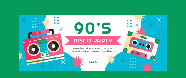 Portada de facebook colorida de la fiesta de los 90 de diseño plano