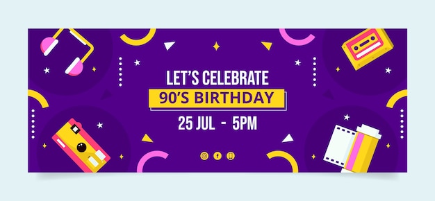 Portada de facebook colorida de la fiesta de los 90 de diseño plano