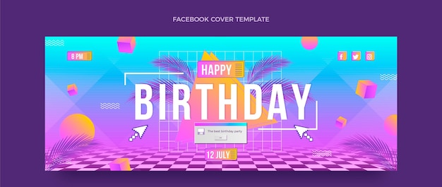 Vector gratuito portada de facebook de cumpleaños degradado retro vaporwave