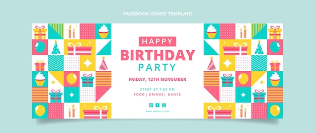 Vector gratuito portada de facebook de cumpleaños de mosaico de diseño plano