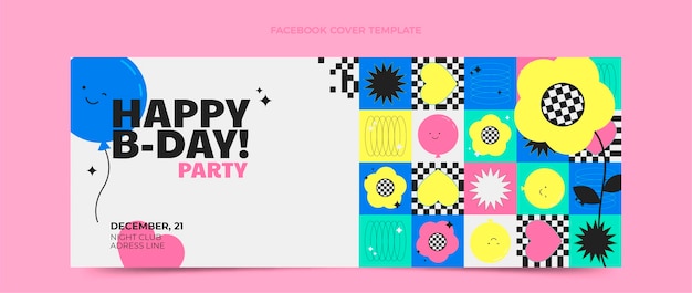 Portada de facebook de cumpleaños de mosaico de diseño plano