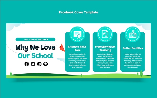 Vector gratuito portada de facebook de escuela internacional mínima de diseño plano