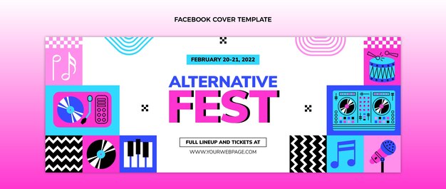 Portada de facebook del festival de música de mosaico de diseño plano