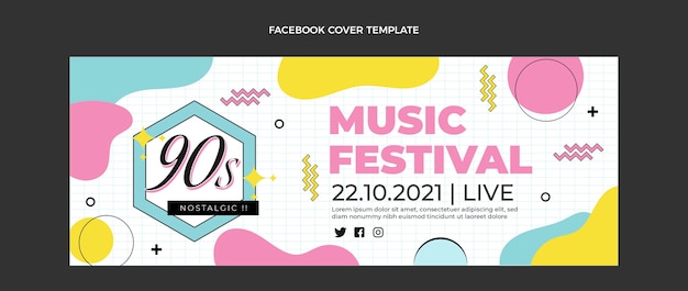 Vector gratuito portada de facebook del festival de música nostálgica plana de los 90