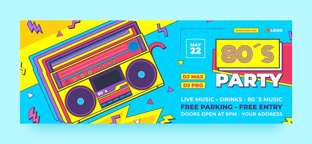 Portada de facebook de fiesta de los 80 dibujada a mano