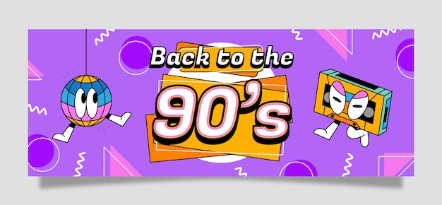 Portada de facebook de fiesta de los 90 de dibujos animados dibujados a mano