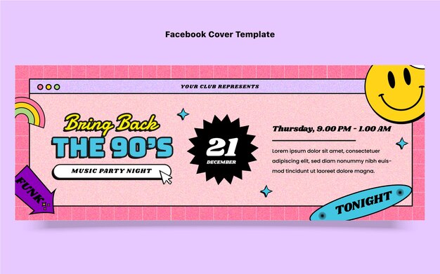 Portada de facebook de fiesta de los 90 con diseño plano dibujado a mano