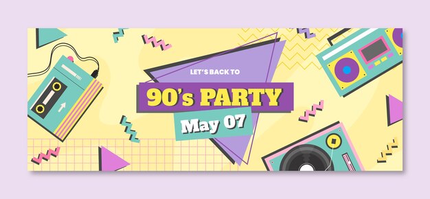 Portada de facebook de fiesta de los 90 con diseño plano dibujado a mano