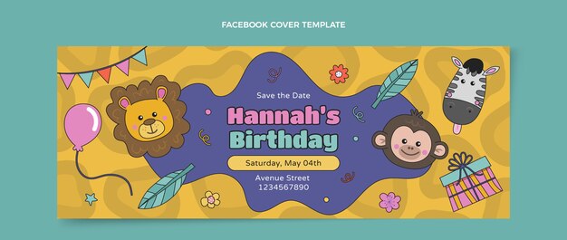 Portada de facebook de fiesta de cumpleaños de dibujos animados dibujados a mano