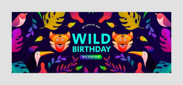 Vector gratuito portada de facebook de la fiesta de cumpleaños de la selva de dibujos animados
