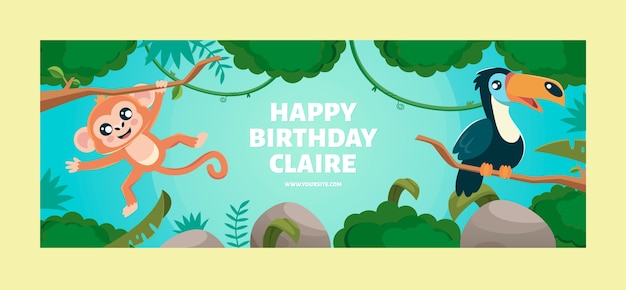 Vector gratuito portada de facebook de fiesta de cumpleaños de selva de diseño plano dibujado a mano