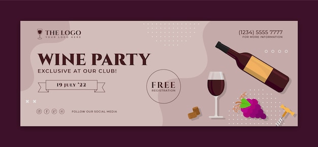 Portada de facebook de fiesta de vino de diseño plano