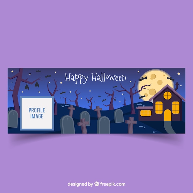 Portada de facebook de halloween de casa en el cementerio