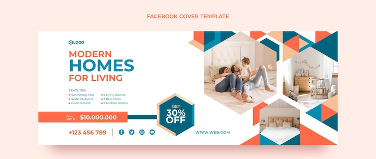 Vector gratuito portada de facebook de inmobiliaria geométrica de diseño plano