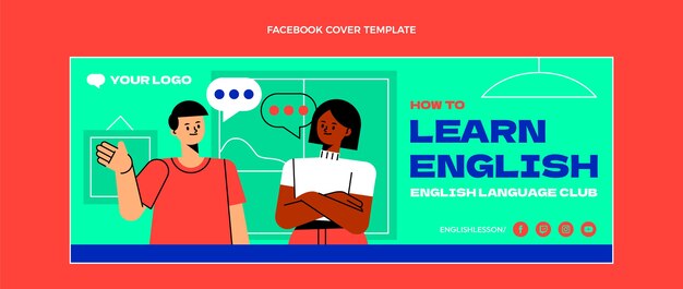 Portada de facebook de lecciones de inglés de diseño plano