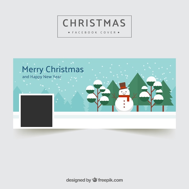 Portada de facebook con muñeco de nieve en diseño plano 