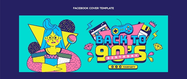 Vector gratuito portada de facebook nostálgica de cumpleaños de los 90 dibujada a mano