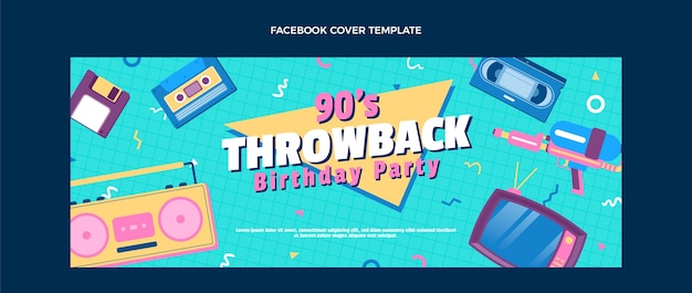 Portada de facebook nostálgica de cumpleaños de diseño plano de los 90