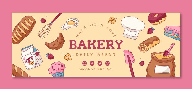 Portada de facebook de productos de panadería dibujados a mano