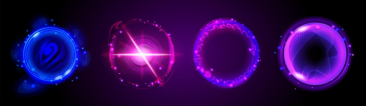 Vector gratuito portal de círculo de brillo de neón con efecto mágico de luz 3d abstracto extraño redondo remolino de energía luminosa energía de velocidad circular aislada explosión de holograma de vórtice futurista con teletransporte de marco de haz púrpura