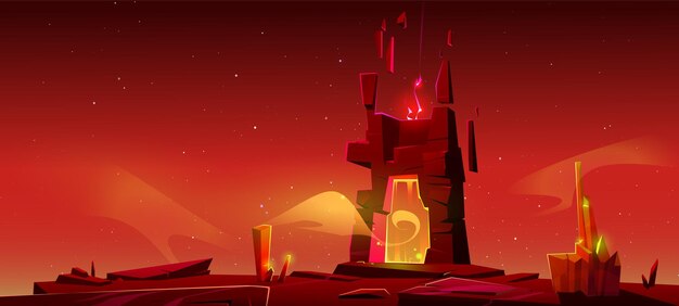 Portal de juego de magia de fantasía paisaje rojo de dibujos animados