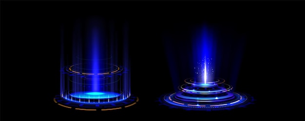 Portal de juegos de neón azul brillante ilustración vectorial realista del podio de teletransporte futurista para el concepto de interfaz de usuario del juego Puerto de holograma mágico o ciberpunk con efecto de destello y círculo de luz para viajar en el espacio