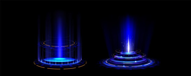 Portal de juegos de neón azul brillante ilustración vectorial realista del podio de teletransporte futurista para el concepto de interfaz de usuario del juego Puerto de holograma mágico o ciberpunk con efecto de destello y círculo de luz para viajar en el espacio