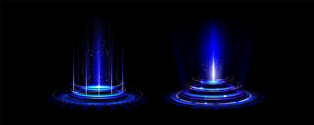 Portal de juegos de neón azul brillante ilustración vectorial realista del podio de teletransporte futurista para el concepto de interfaz de usuario del juego Puerto de holograma mágico o ciberpunk con efecto de destello y círculo de luz para viajar en el espacio