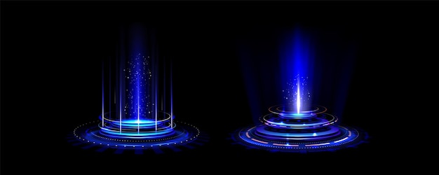 Portal de juegos de neón azul brillante ilustración vectorial realista del podio de teletransporte futurista para el concepto de interfaz de usuario del juego Puerto de holograma mágico o ciberpunk con efecto de destello y círculo de luz para viajar en el espacio