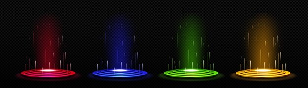 Portal de luz con efecto holograma, juego de podio digital, plataforma de teletransporte con brillo mágico azul 3d con anillo y haz hud Diseño de interfaz de escenario Fantasy vr ski fi Elemento base de nivel cibernético con láser de neón