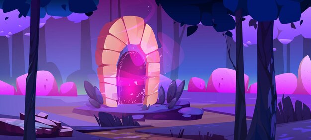 Portal mágico en el fondo de dibujos animados del bosque de juegos de fantasía Puerta encantada en el paisaje de bosques oscuros Camino misterioso a la puerta y ubicación de cuento de hadas de aventura Ilustración nocturna mística con árboles y rocas