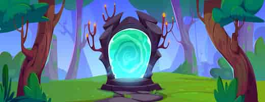 Vector gratuito portal mágico en una puerta de piedra de pie en el bosque