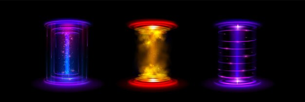 Portales de luz futuristas aislados en fondo negro Ilustración vectorial realista de neón azul púrpura amarillo hologramas para juego espacial ui diseño efecto de humo y chispas teletransporte digital